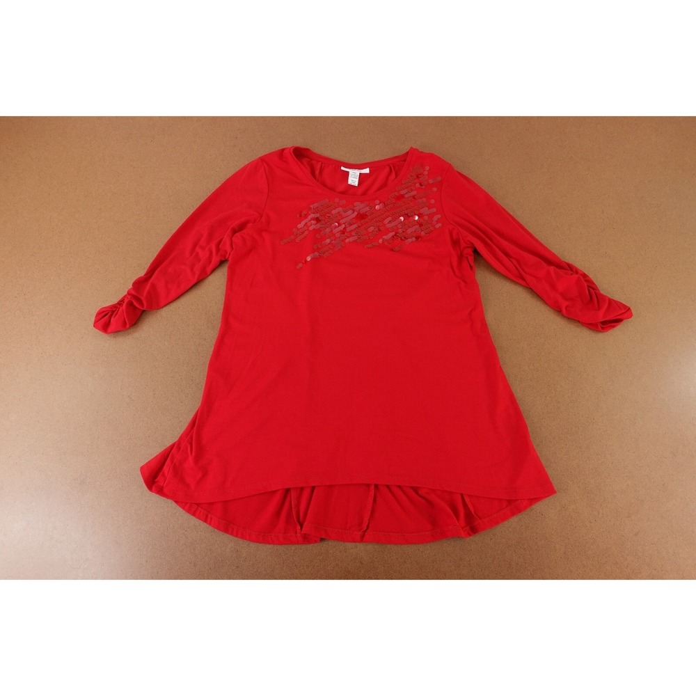 Style & Co Women's Petite XL Red Sequin Ruched 3/4 Sleeve Pullover Tunic Top